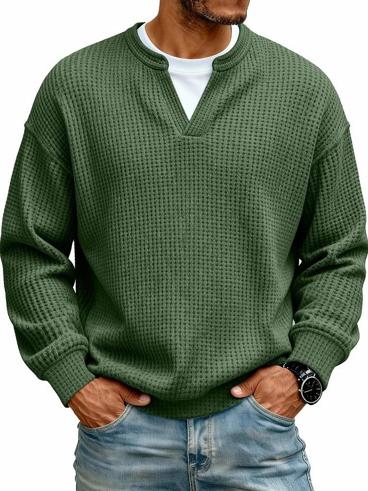 Simple Waffle-Weave Mock Two-Piece Casual Long-Sleeve T-Shirt