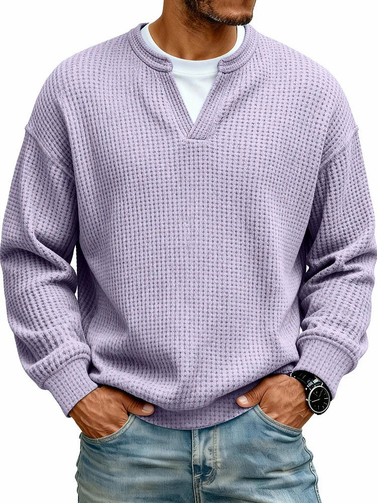 Simple Waffle-Weave Mock Two-Piece Casual Long-Sleeve T-Shirt