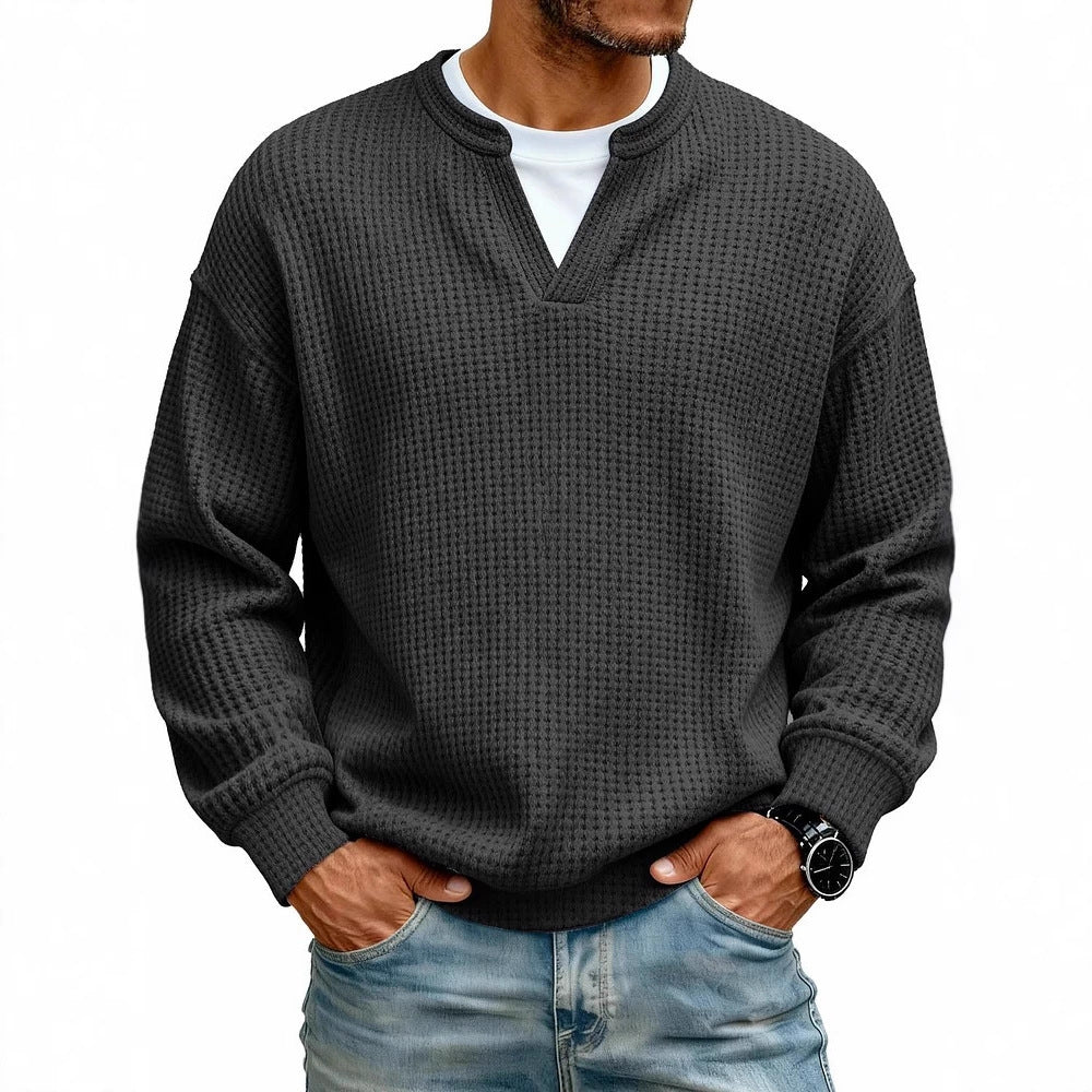 Simple Waffle-Weave Mock Two-Piece Casual Long-Sleeve T-Shirt
