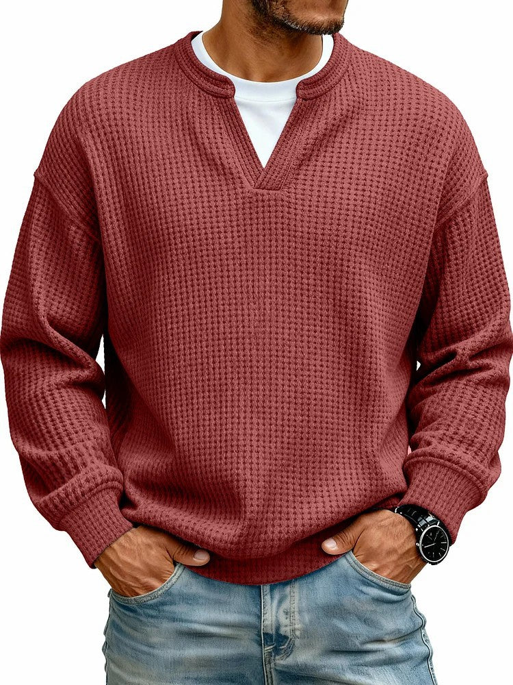 Simple Waffle-Weave Mock Two-Piece Casual Long-Sleeve T-Shirt