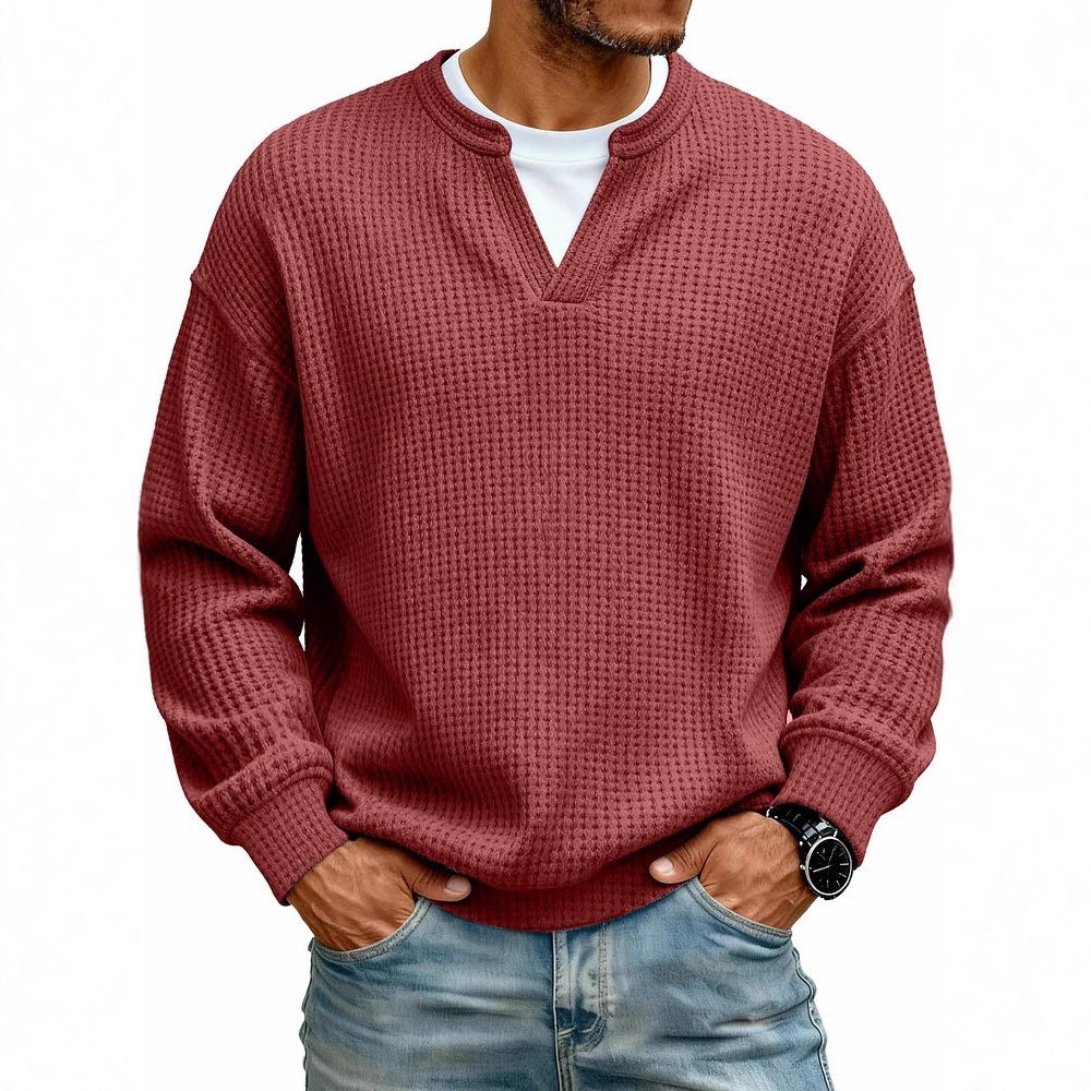 Simple Waffle-Weave Mock Two-Piece Casual Long-Sleeve T-Shirt