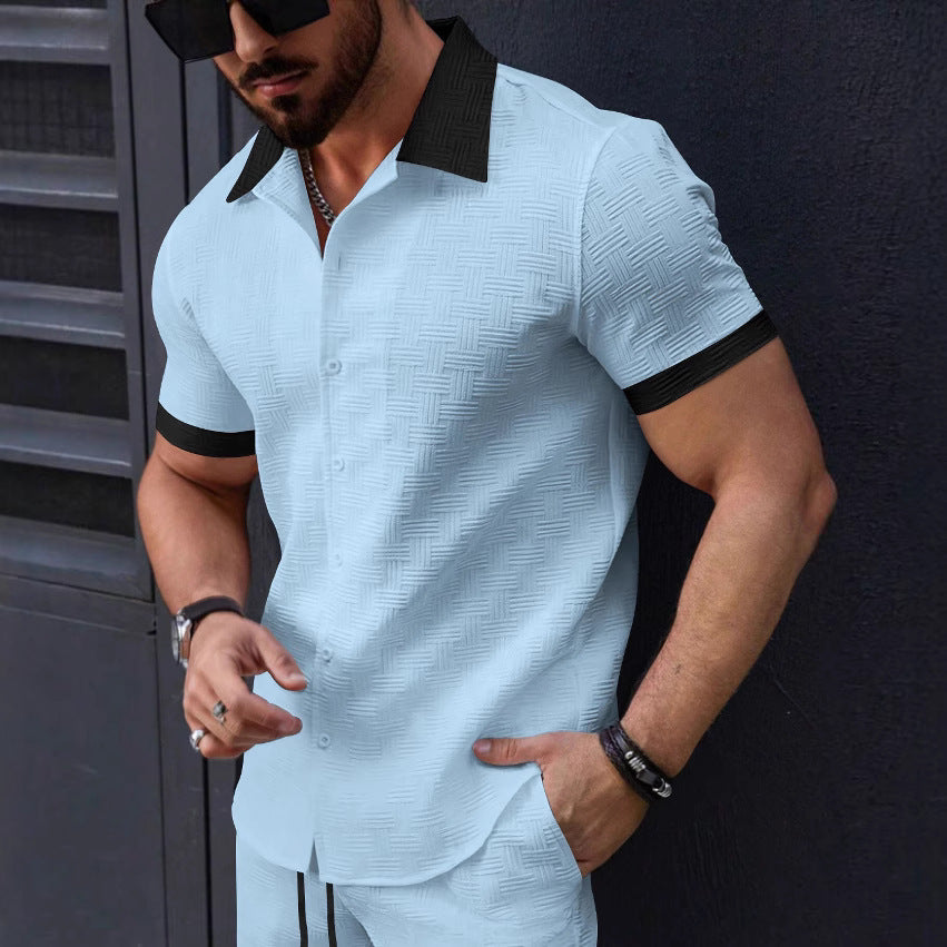 Stylish Mens Jacquard Color-block Casual Short-sleeve Shirt