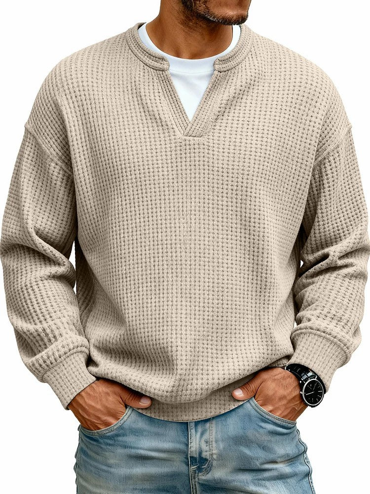 Simple Waffle-Weave Mock Two-Piece Casual Long-Sleeve T-Shirt