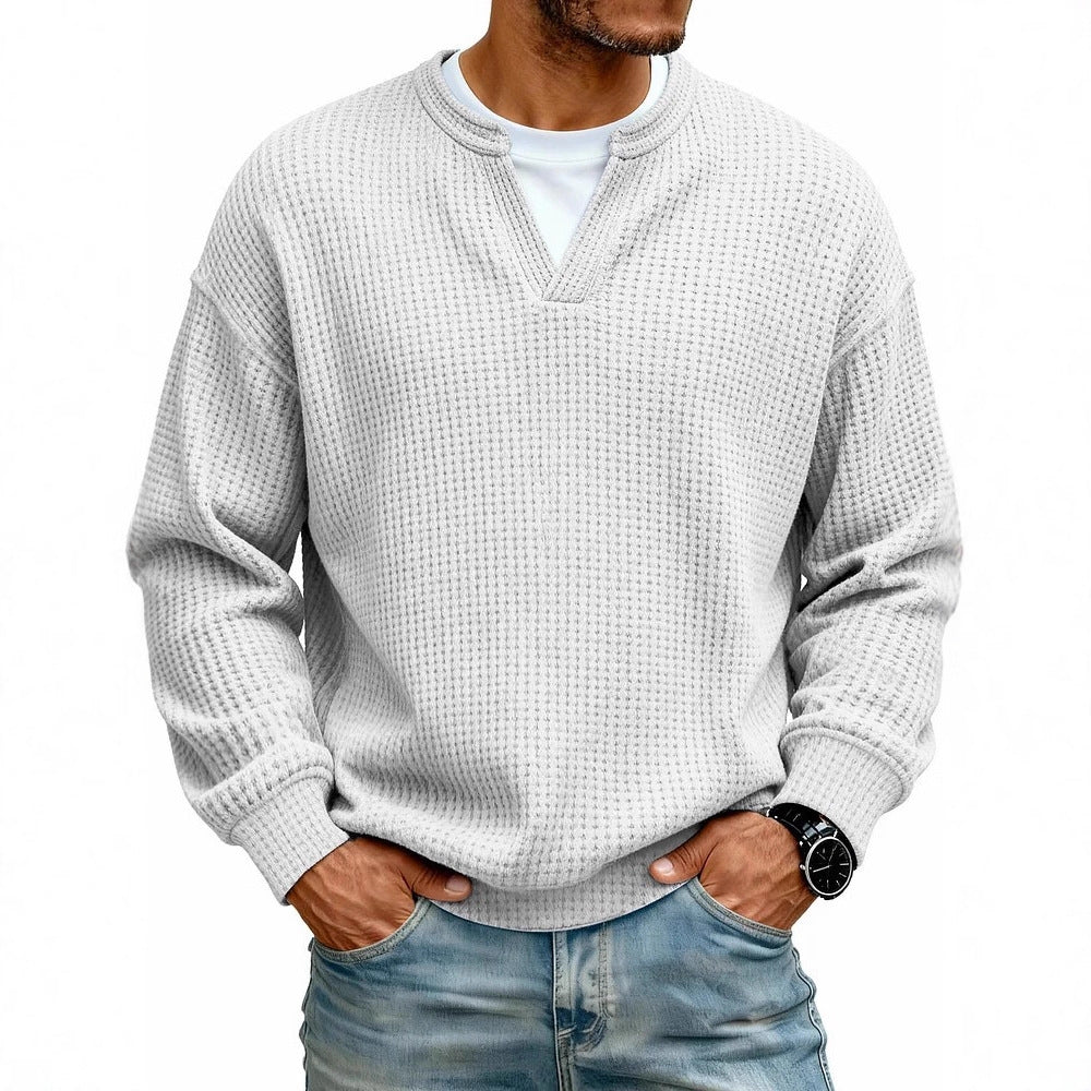 Simple Waffle-Weave Mock Two-Piece Casual Long-Sleeve T-Shirt
