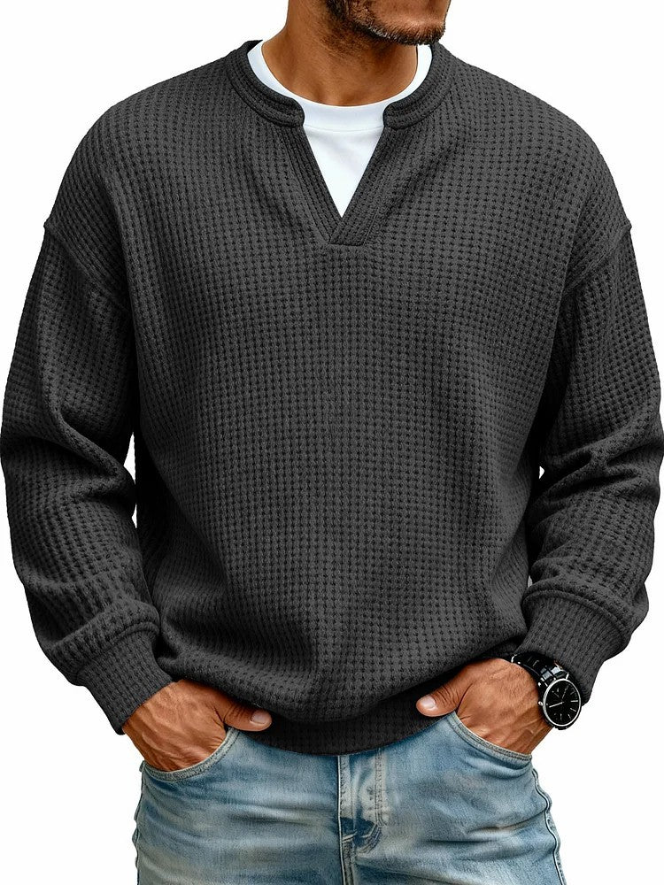 Simple Waffle-Weave Mock Two-Piece Casual Long-Sleeve T-Shirt