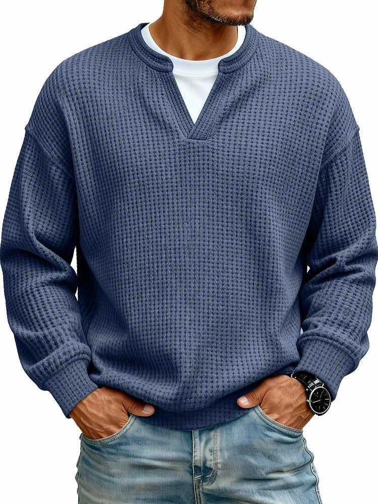 Simple Waffle-Weave Mock Two-Piece Casual Long-Sleeve T-Shirt