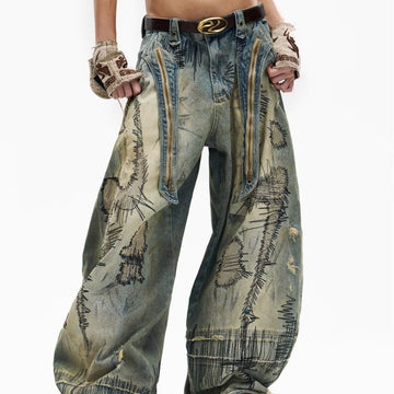 Plus Size American Street Heavy Industry Random Needle Embroidery Stain Jeans