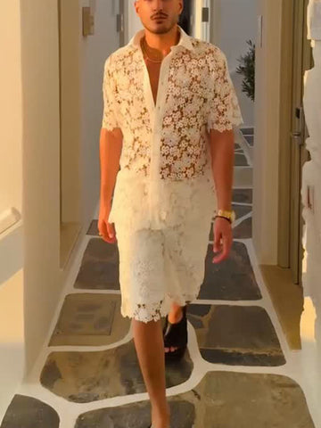 White Floral Lace Short-Sleeve Shirt & Shorts Set