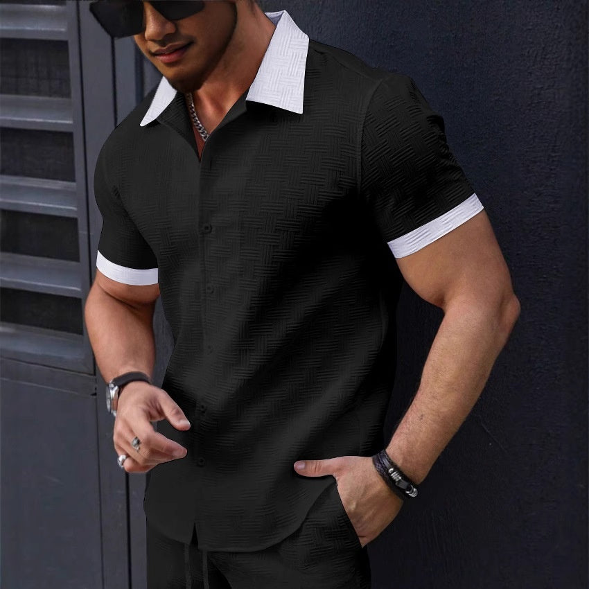 Stylish Mens Jacquard Color-block Casual Short-sleeve Shirt