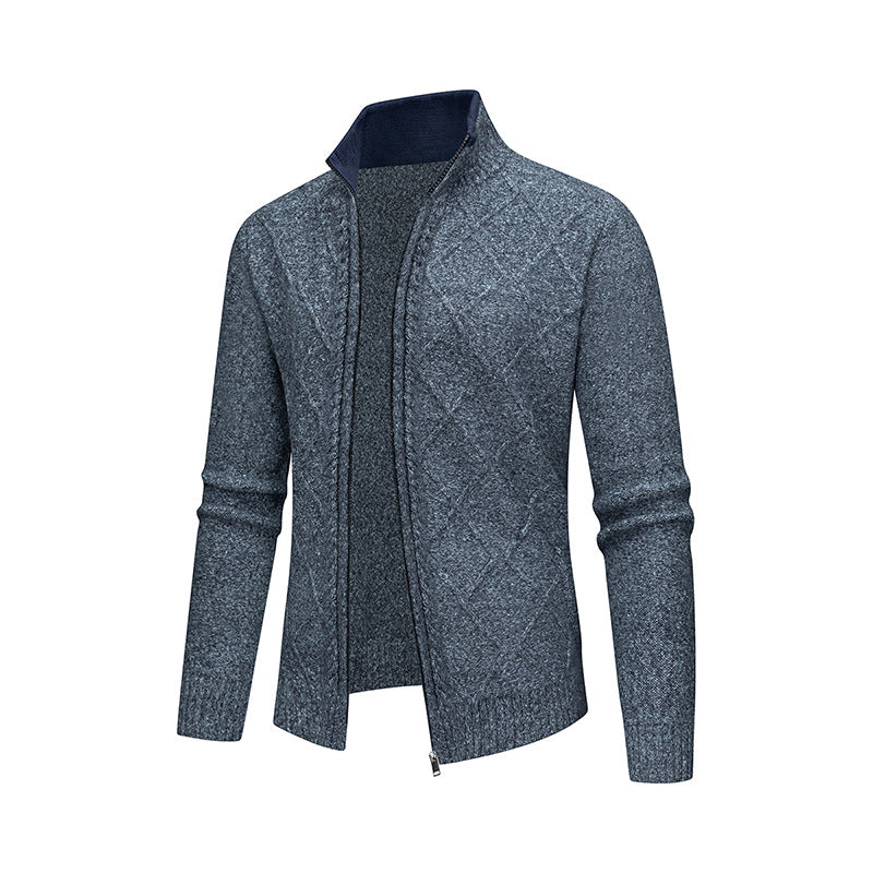 Solid Color Stand Collar Diamond Pattern Knit Casual Fashion Jacket