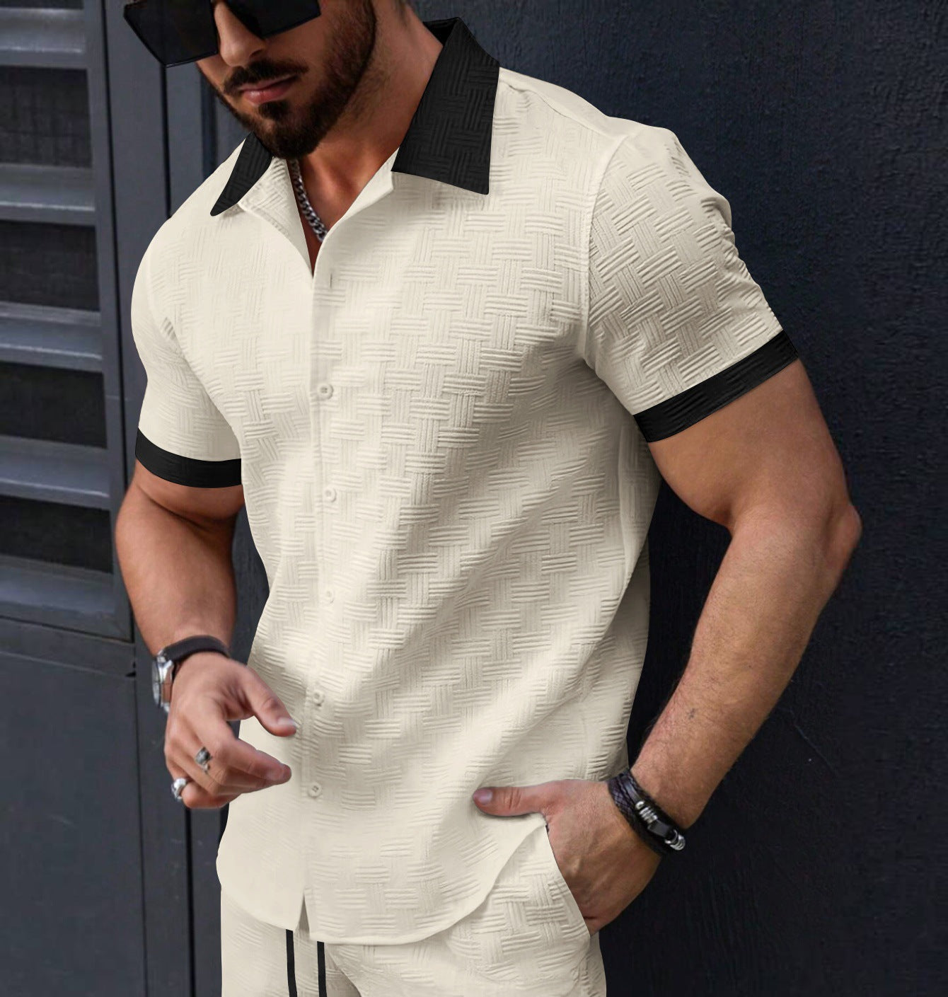 Stylish Mens Jacquard Color-block Casual Short-sleeve Shirt